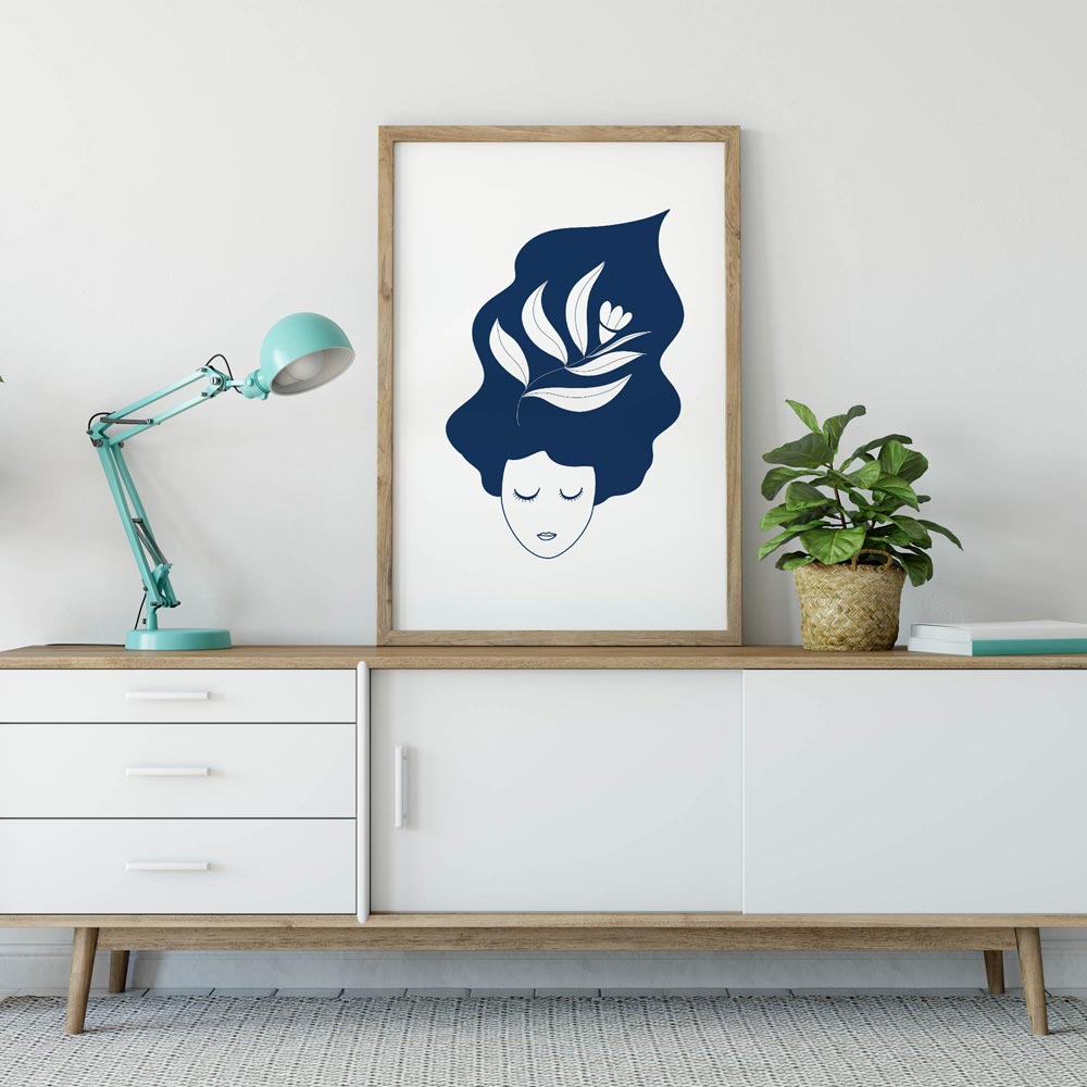 Blue thinking lady with flowers in the head