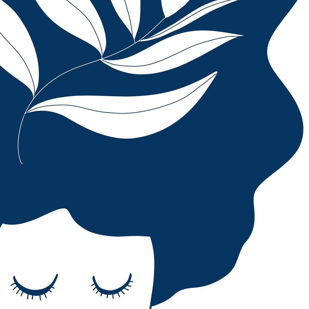 Blue thinking lady art wall detail