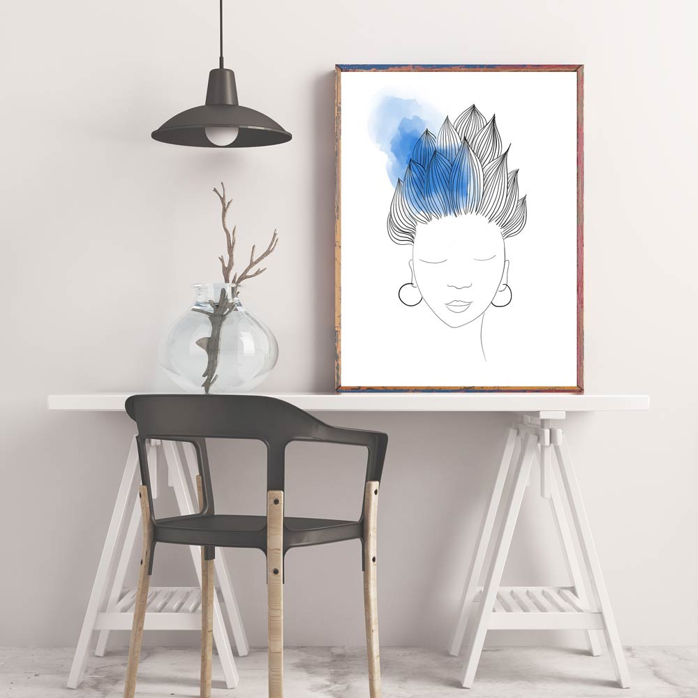 Blue hair woman printable art frame