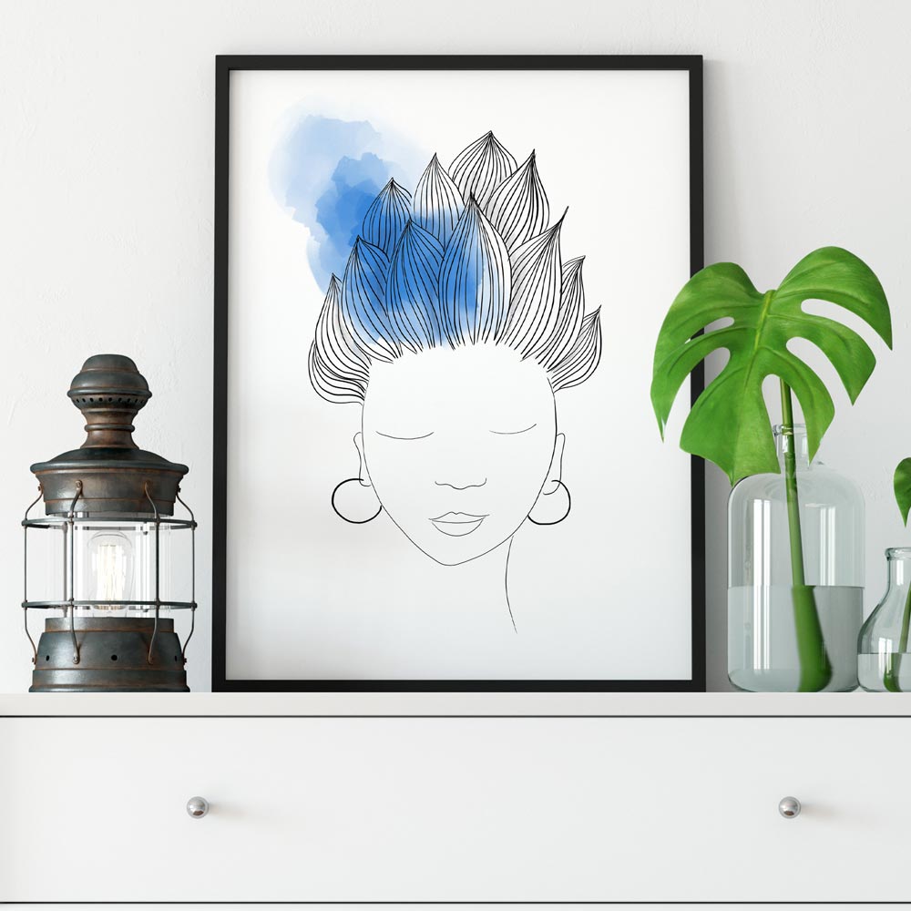 Blue hair woman art wall in frame