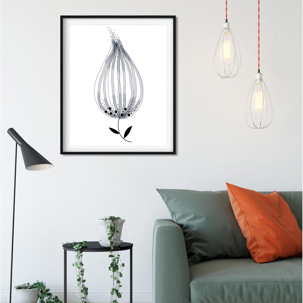 Monochrome flower printable art wall in frame