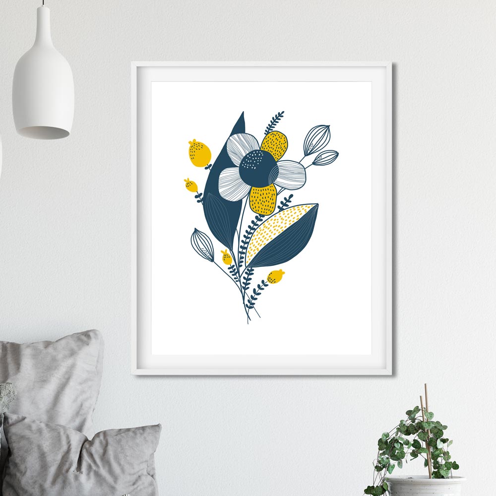 Blue yellow flower art wall in frame