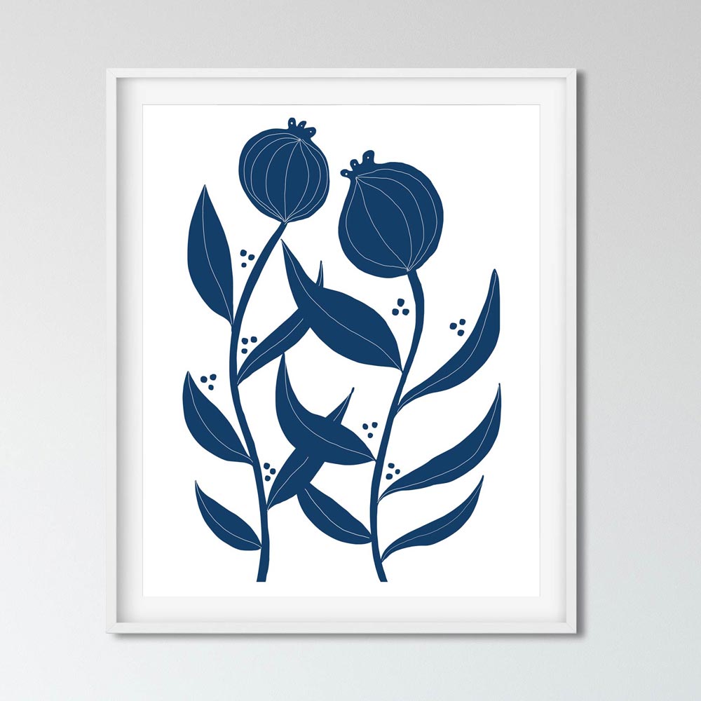 Two blue flowers scandinavian art wall in frame
