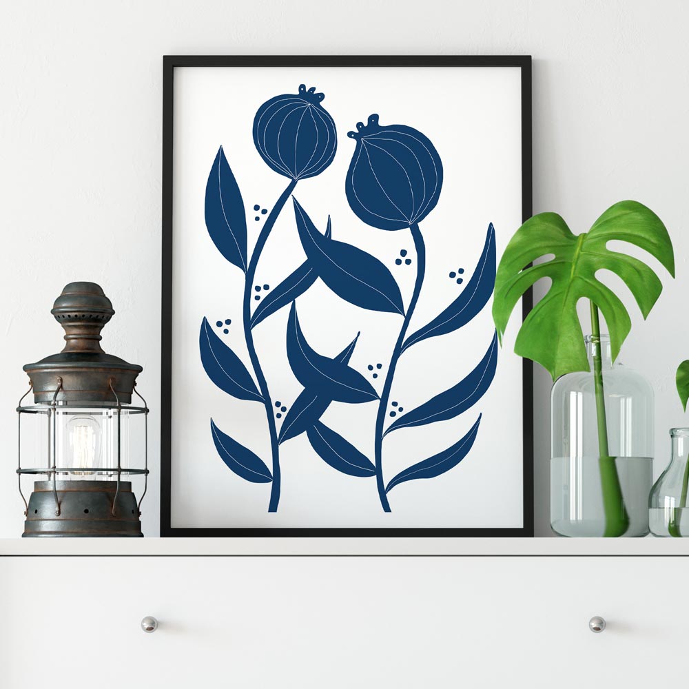 Two blue flowers scandinavian art decor