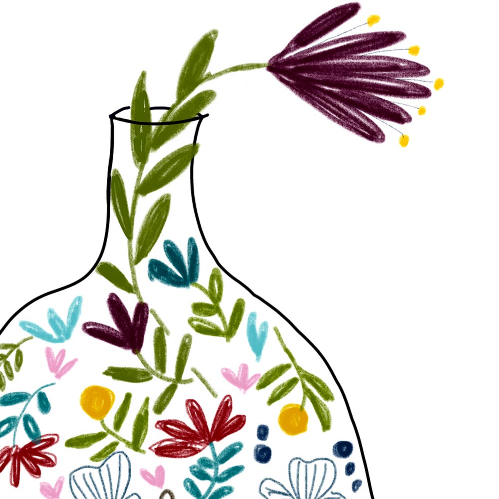 kitchen art bottle with flowers detail