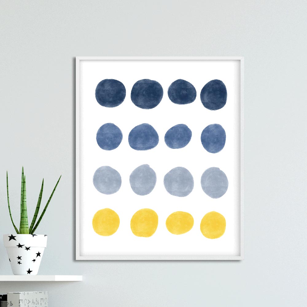 Blue and yellow dots Scandinavian wall art in frame