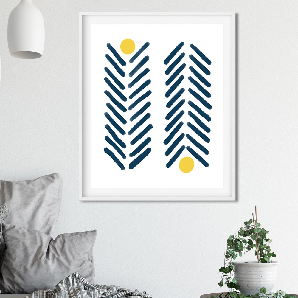 Navy blue and yellow scandinavian wall art in frame