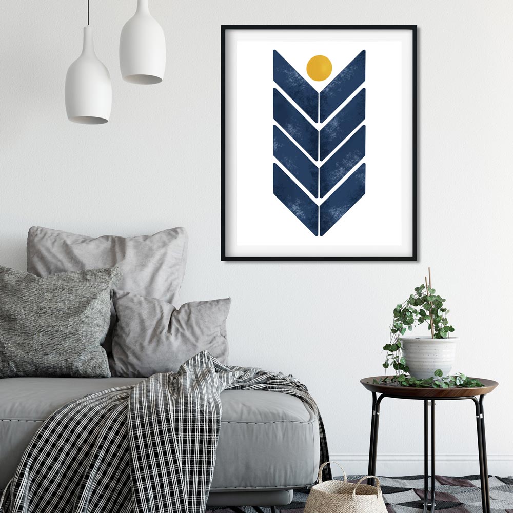 Blue arrow scandinavian wall art in frame