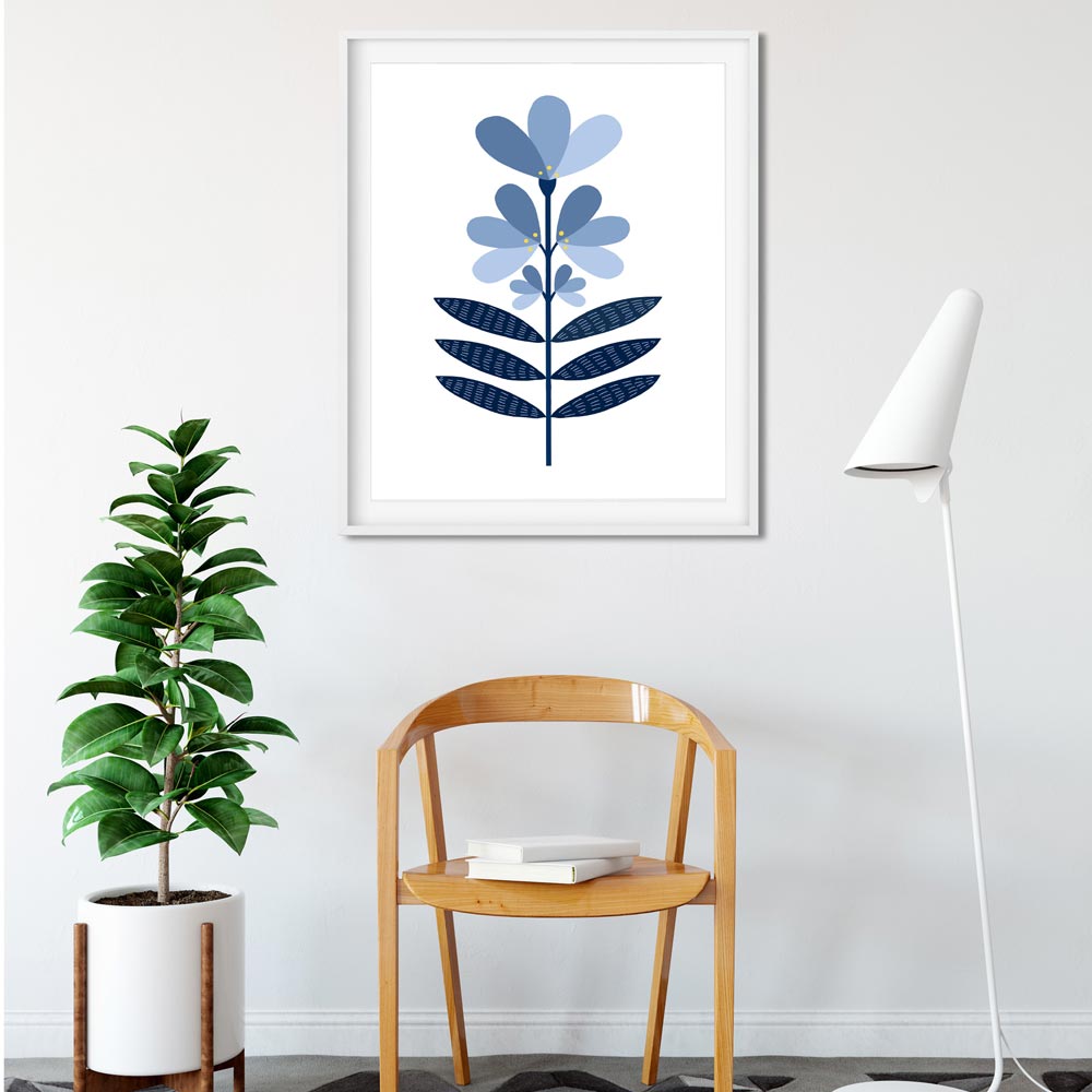Blue flower Scandi wall art in frame
