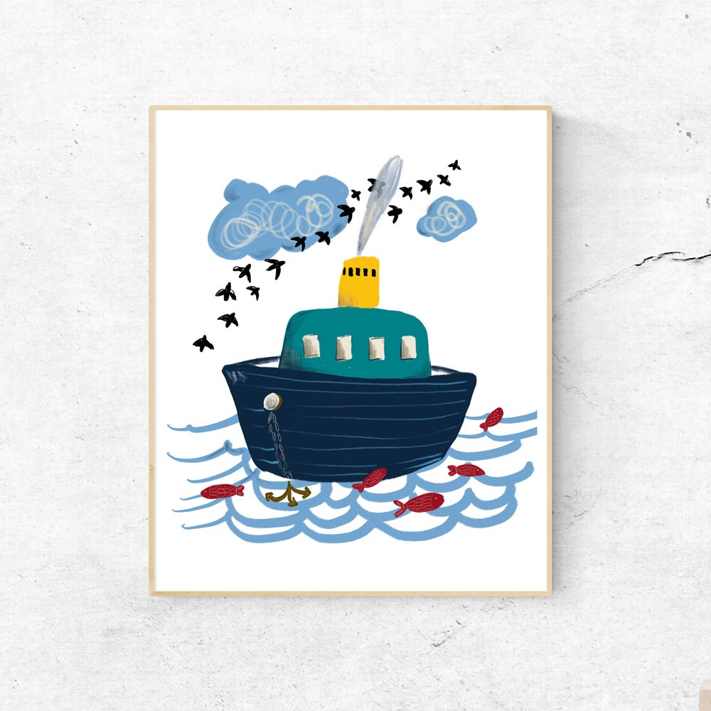 Little boat kids art wall in frame