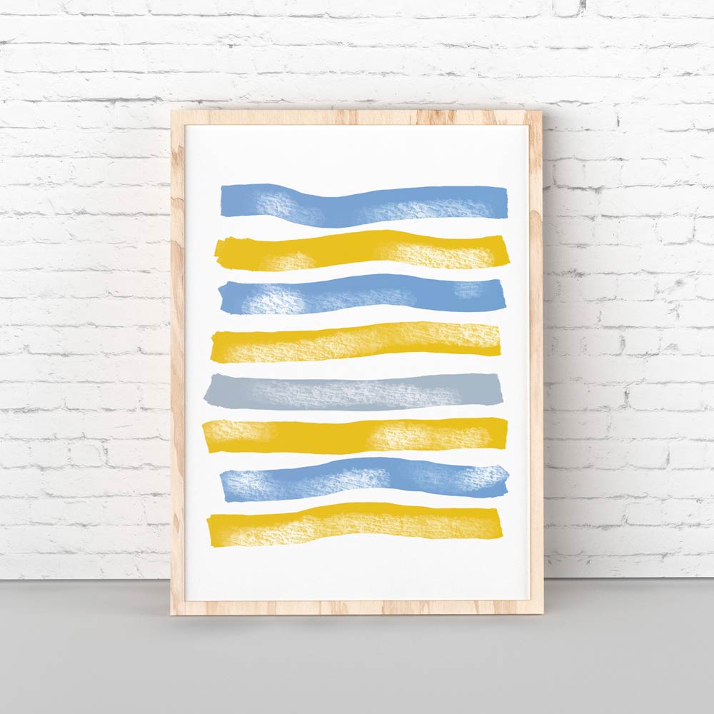 Blue Yellow Stripes abstract art in frame